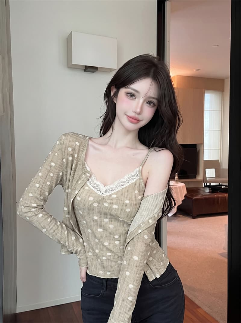 정가 실사 도트 무늬 오픈 가디건 여성 가을 새로운 V넥 레이스 레이스 슬립 자외선 차단 블라우스 투피스 세트 맨위 이미지 4