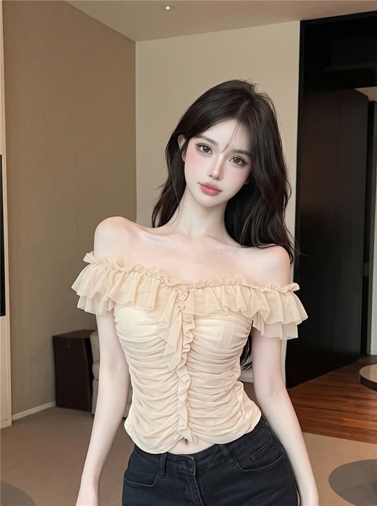 실사 정가 순수한 욕망 섹시함 오프숄더 조끼 작은 대중 디자인 센스 망사 주름 레이스 보트넥 맨위 상세 이미지 2