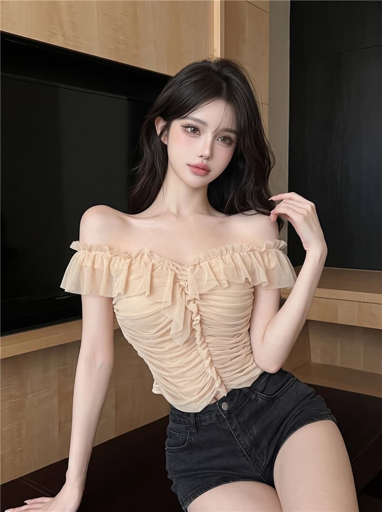 실사 정가 순수한 욕망 섹시함 오프숄더 조끼 작은 대중 디자인 센스 망사 주름 레이스 보트넥 맨위 상세 이미지 5