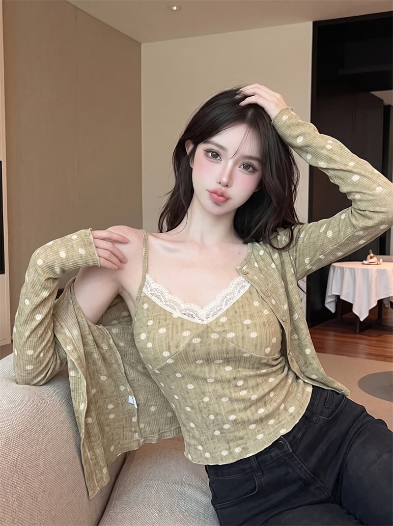 정가 실사 도트 무늬 오픈 가디건 여성 가을 새로운 V넥 레이스 레이스 슬립 자외선 차단 블라우스 투피스 세트 맨위 이미지 2
