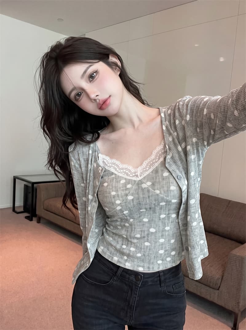 정가 실사 도트 무늬 오픈 가디건 여성 가을 새로운 V넥 레이스 레이스 슬립 자외선 차단 블라우스 투피스 세트 맨위 상세 이미지 5