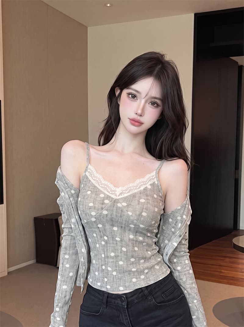 정가 실사 도트 무늬 오픈 가디건 여성 가을 새로운 V넥 레이스 레이스 슬립 자외선 차단 블라우스 투피스 세트 맨위 상세 이미지 6