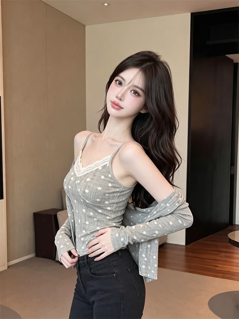 정가 실사 도트 무늬 오픈 가디건 여성 가을 새로운 V넥 레이스 레이스 슬립 자외선 차단 블라우스 투피스 세트 맨위 상세 이미지 7