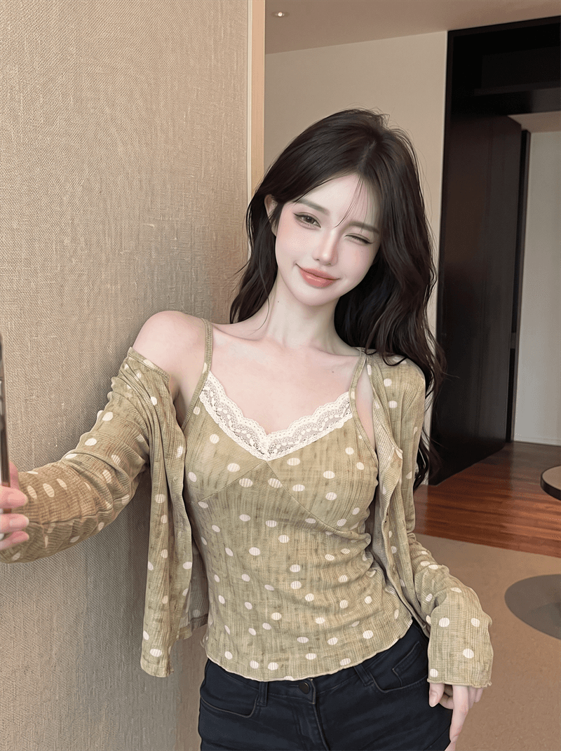 정가 실사 도트 무늬 오픈 가디건 여성 가을 새로운 V넥 레이스 레이스 슬립 자외선 차단 블라우스 투피스 세트 맨위 상세 이미지 19