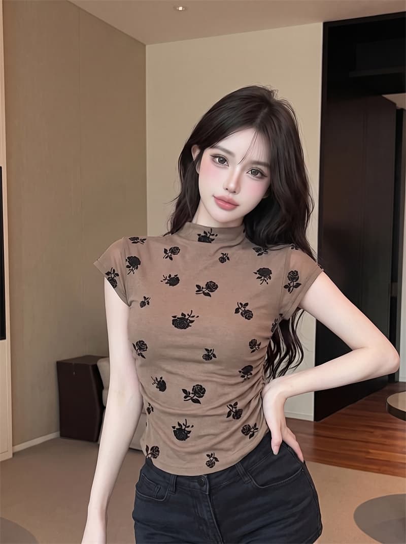 정가 실사 장미 꽃 여성 가을 몸매 가꾸기 슬림해 보이는 작은 대중 Chic 작은 날다 소매 반하이넥 품격 맨위 상세 이미지 6