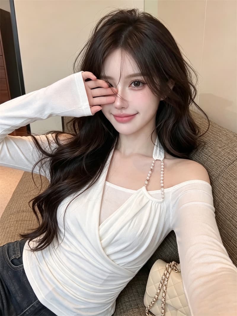 정가 실사 페이크 레이어드 행침 목 흔들다 칼라 티셔츠 여성 몸매 가꾸기 슬림해 보이는 가을 2026 새로운 오프숄더 맨위 상세 이미지 6