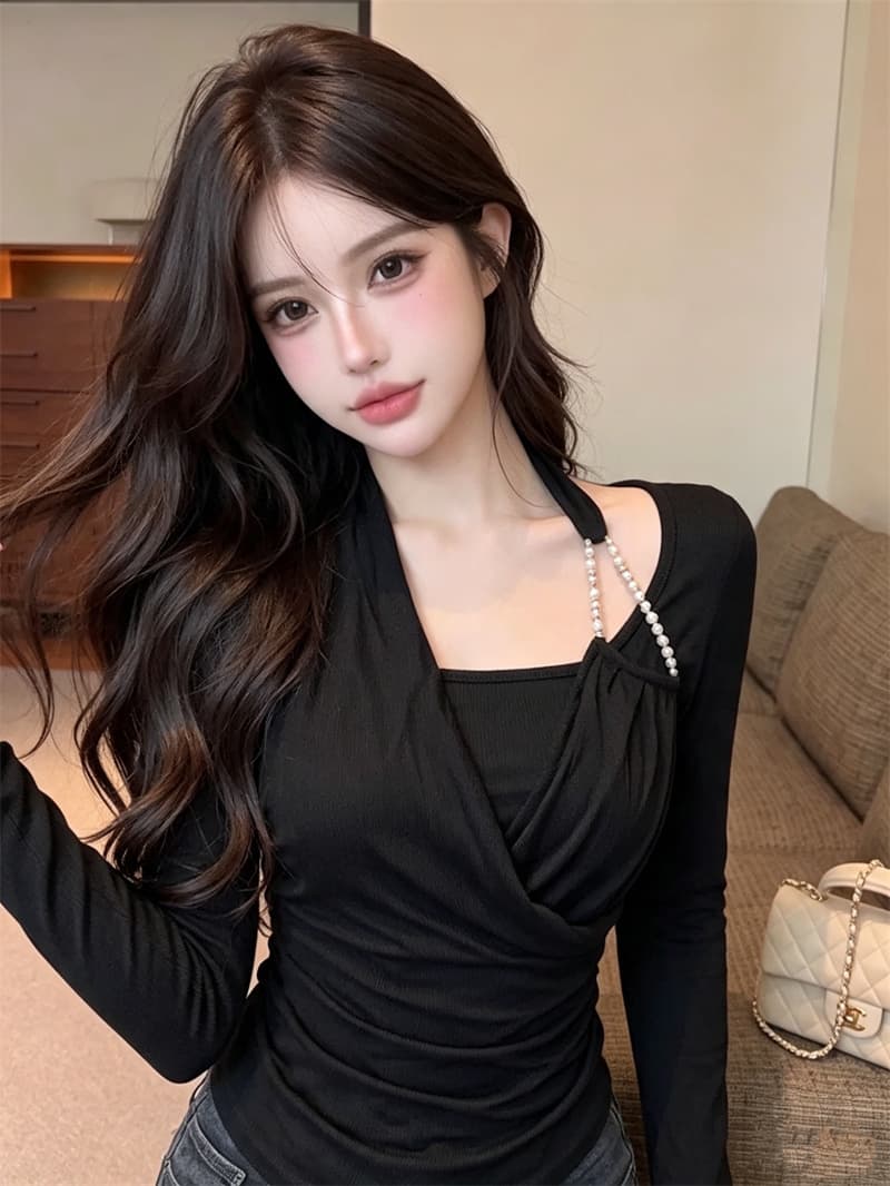 정가 실사 페이크 레이어드 행침 목 흔들다 칼라 티셔츠 여성 몸매 가꾸기 슬림해 보이는 가을 2026 새로운 오프숄더 맨위 상세 이미지 9