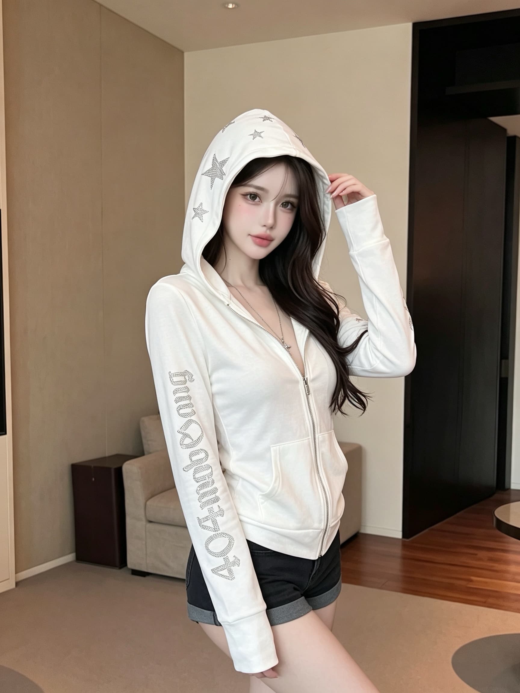 실사 정가 아메리칸 핫픽스 이미지 후드 오픈 가디건 가을 얇은 스타일 핫걸 지퍼 블라우스 맨위