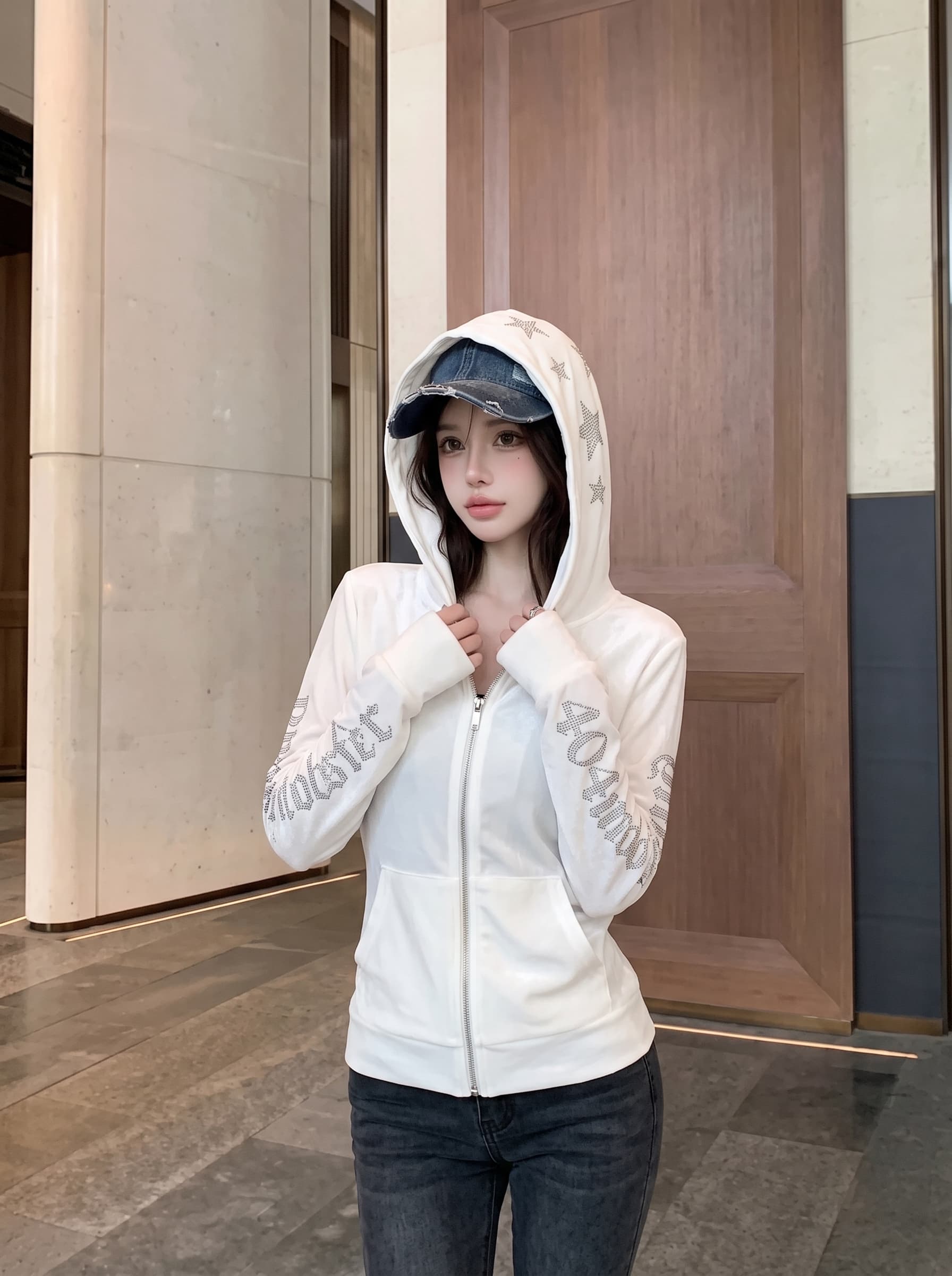 실사 정가 아메리칸 핫픽스 이미지 후드 오픈 가디건 가을 얇은 스타일 핫걸 지퍼 블라우스 맨위 상세 이미지 4