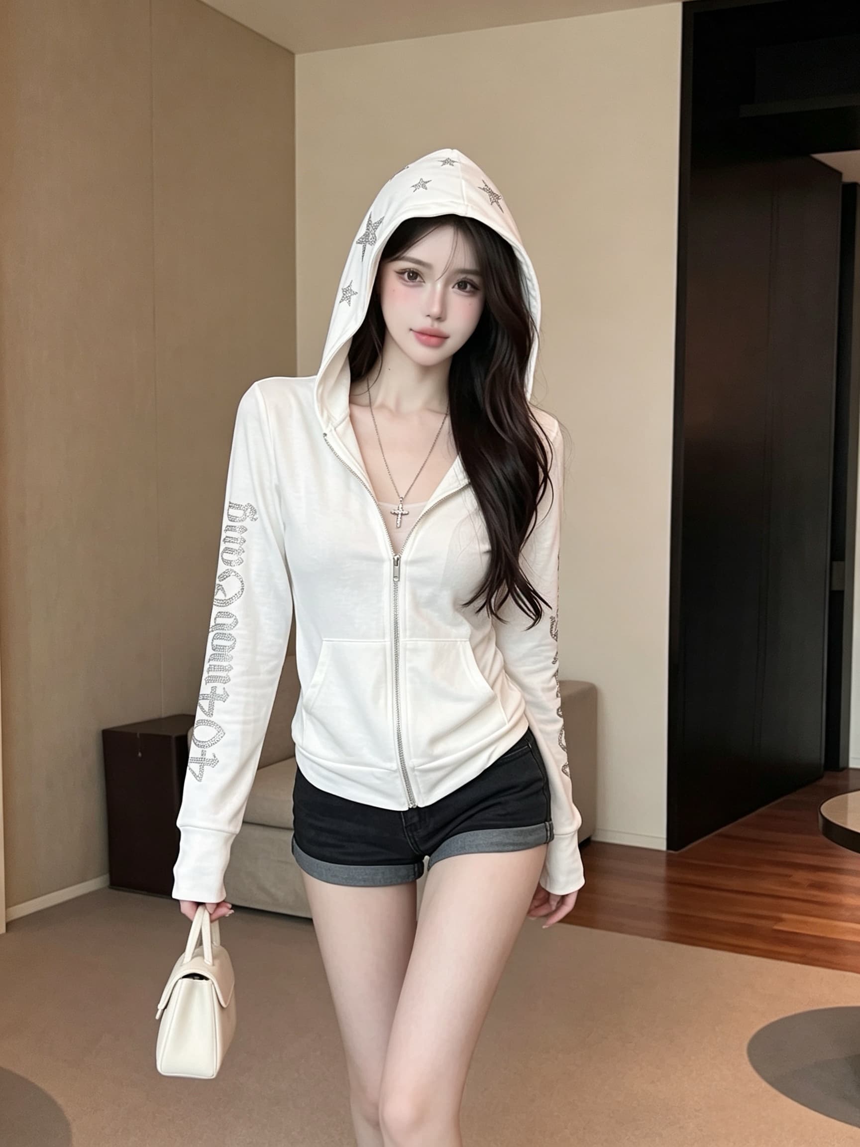 실사 정가 아메리칸 핫픽스 이미지 후드 오픈 가디건 가을 얇은 스타일 핫걸 지퍼 블라우스 맨위 상세 이미지 8