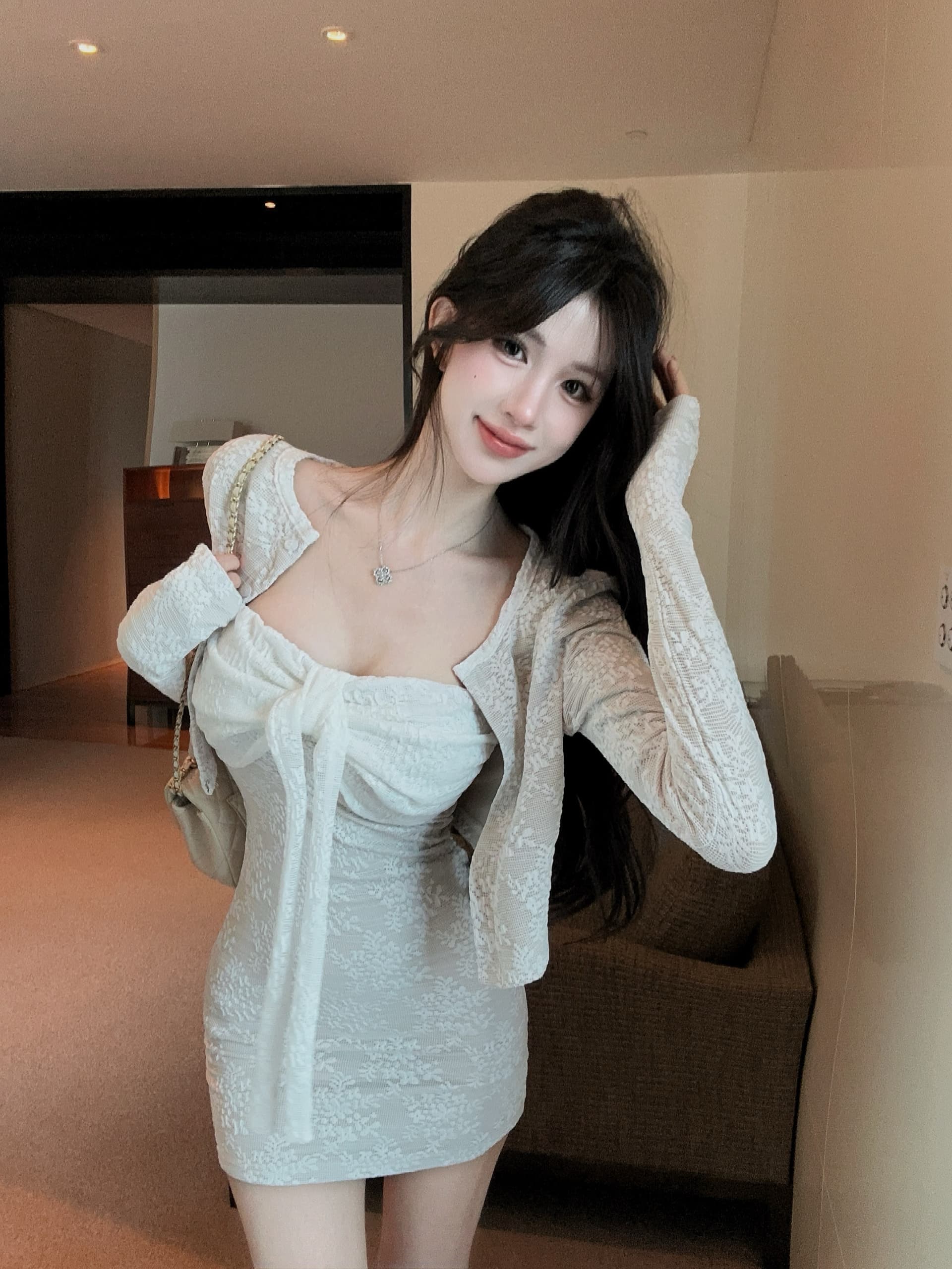 실사 순수한 욕망 핫걸 벨트 가슴 패드 튜브탑 드레스 가을 몸매 가꾸기 슬림해 보이는 자카드 레이스 긴팔 오픈 가디건 세트 상세 이미지 1