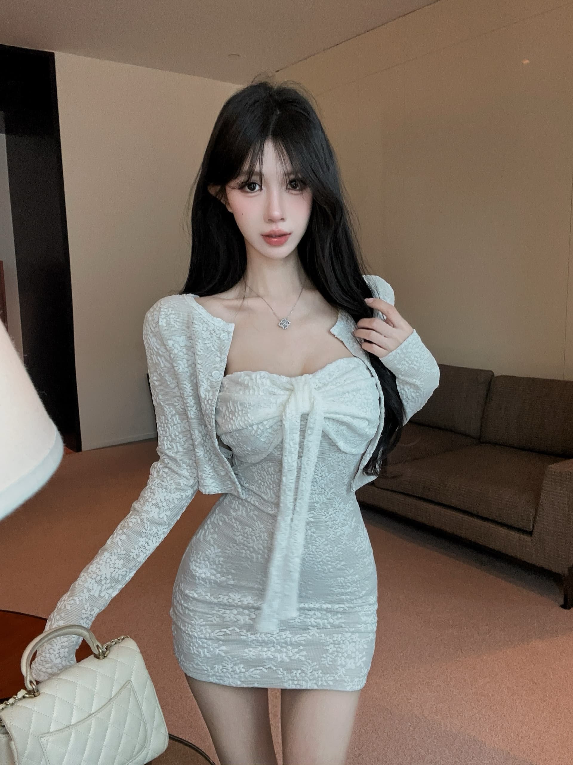 실사 순수한 욕망 핫걸 벨트 가슴 패드 튜브탑 드레스 가을 몸매 가꾸기 슬림해 보이는 자카드 레이스 긴팔 오픈 가디건 세트 상세 이미지 6