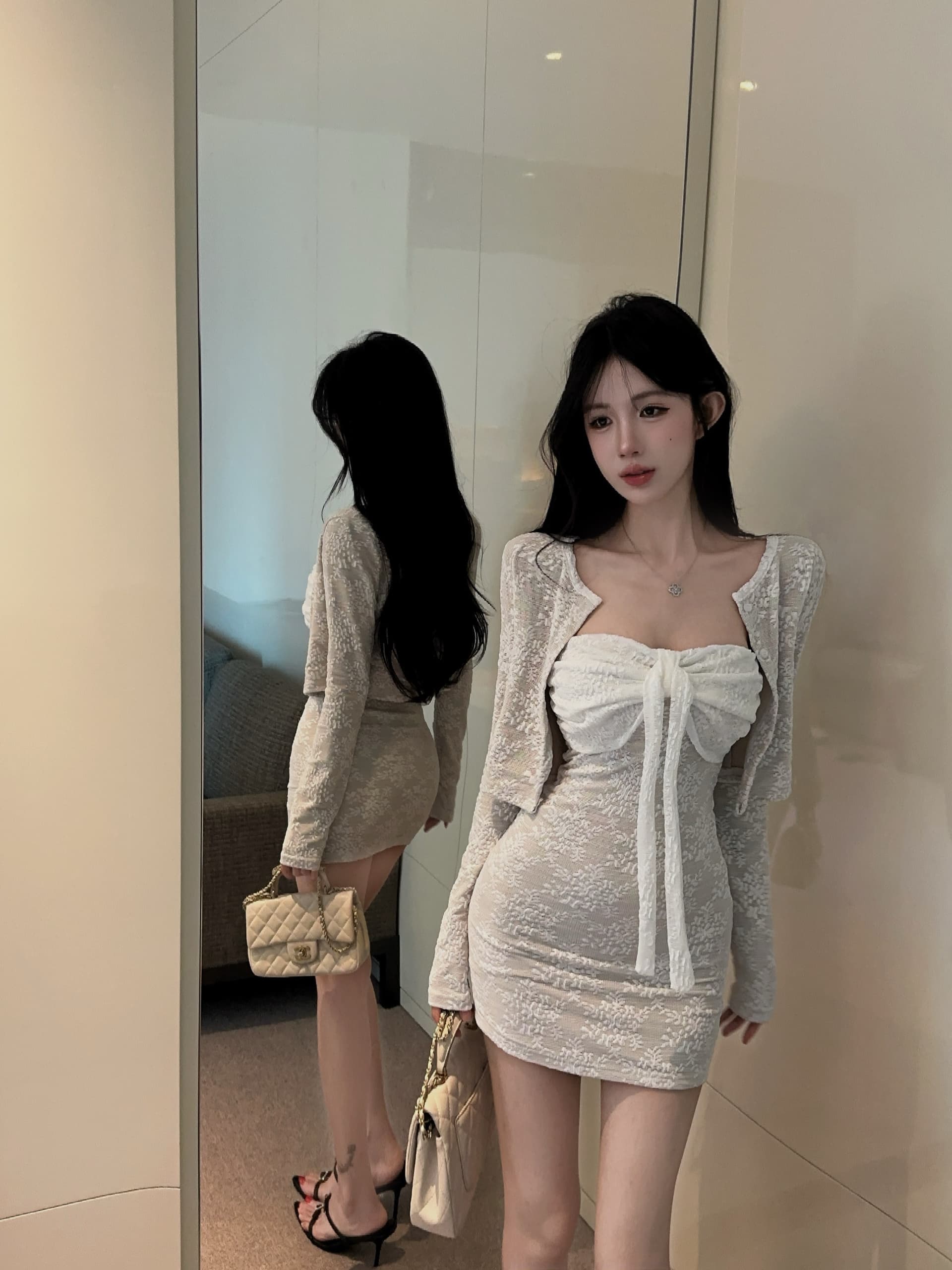 실사 순수한 욕망 핫걸 벨트 가슴 패드 튜브탑 드레스 가을 몸매 가꾸기 슬림해 보이는 자카드 레이스 긴팔 오픈 가디건 세트 상세 이미지 11