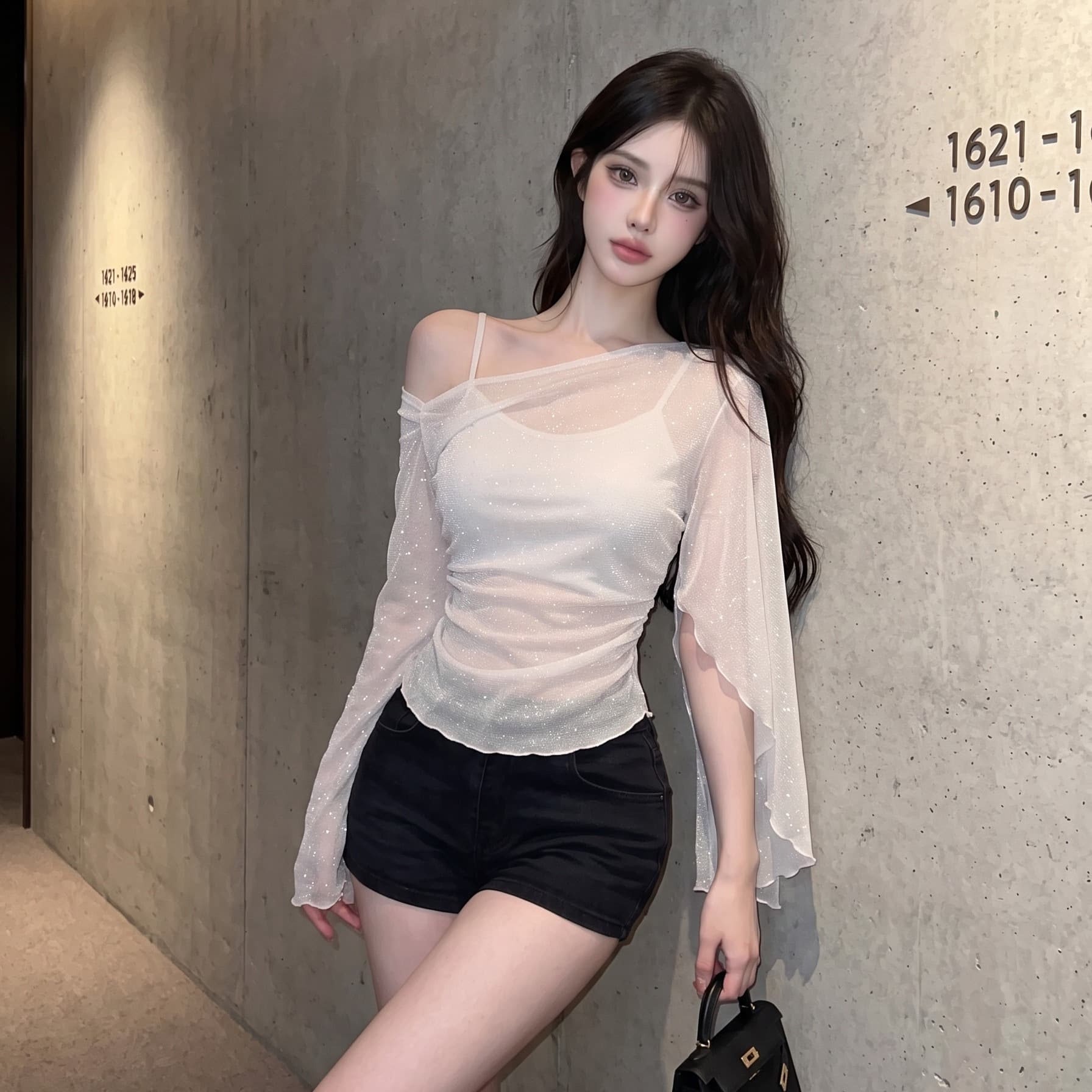 실사 분위기 센스 품격 비스듬한 어깨 망사 긴팔 티셔츠 가을 프랑스식 작은 심장 기계 마이크로 ~을 통해 페이크 레이어드 자외선 차단 블라우스