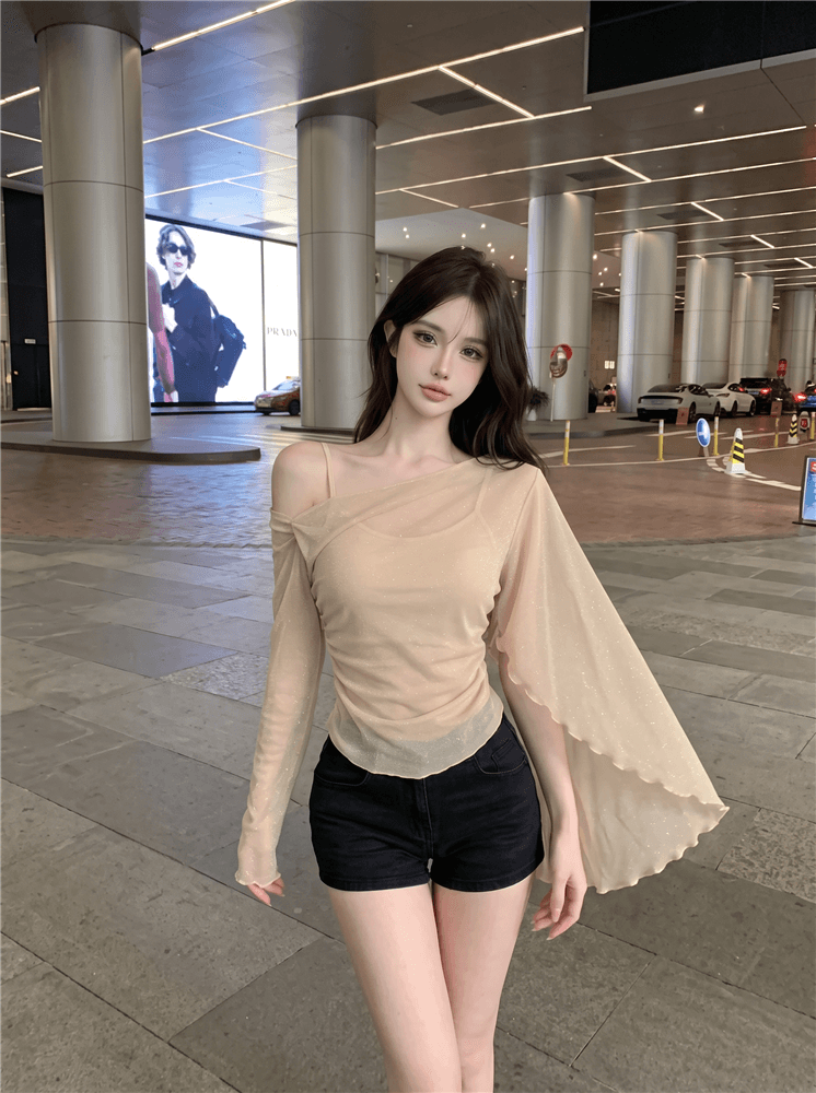 실사 분위기 센스 품격 비스듬한 어깨 망사 긴팔 티셔츠 가을 프랑스식 작은 심장 기계 마이크로 ~을 통해 페이크 레이어드 자외선 차단 블라우스 상세 이미지 5