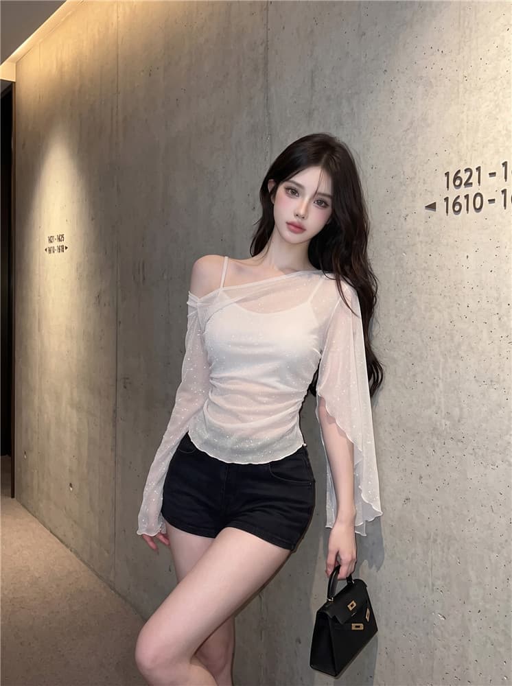실사 분위기 센스 품격 비스듬한 어깨 망사 긴팔 티셔츠 가을 프랑스식 작은 심장 기계 마이크로 ~을 통해 페이크 레이어드 자외선 차단 블라우스 상세 이미지 9