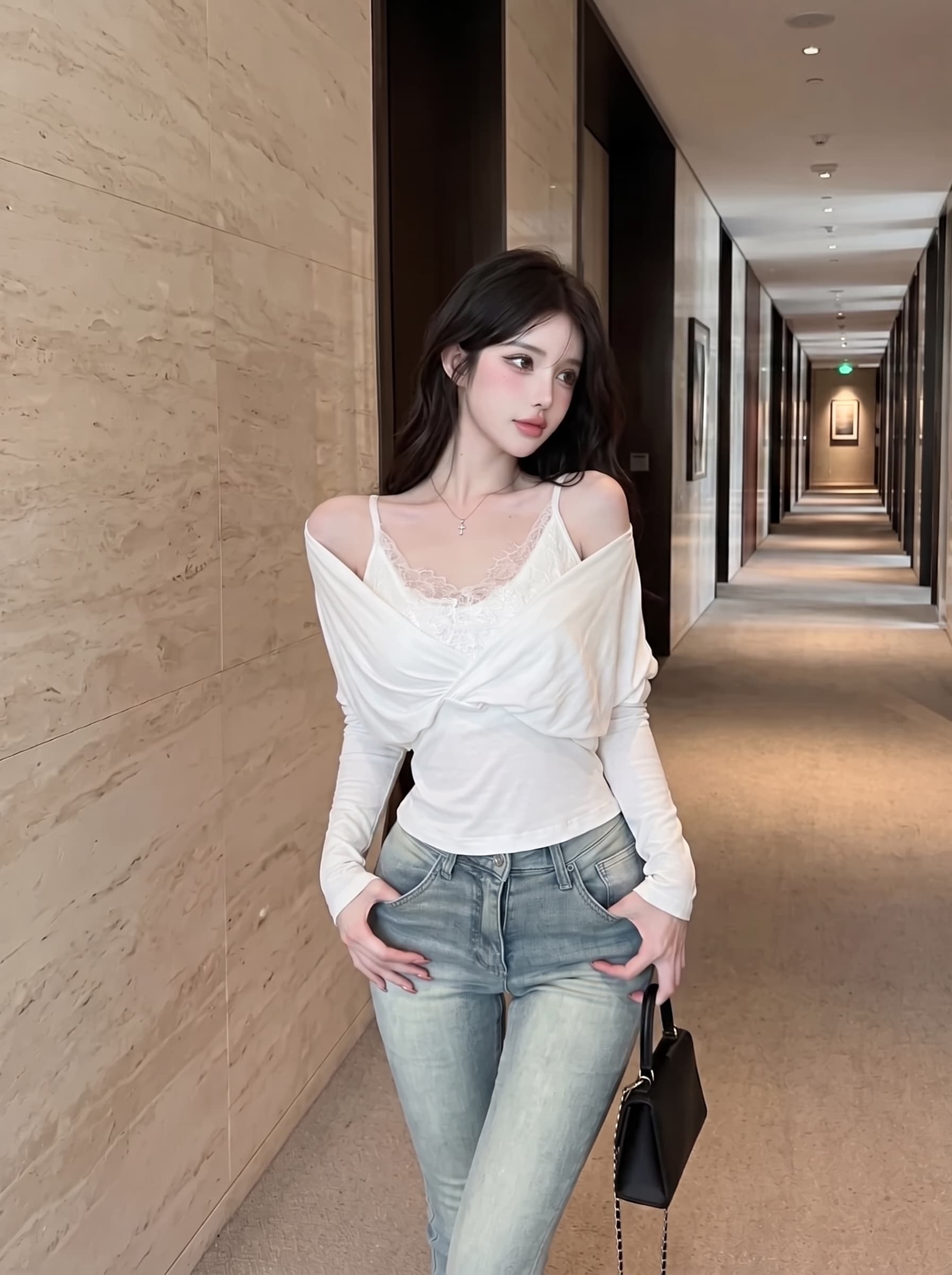 실사 정가 작은 심장 기계 오프숄더 V넥 허리 수축 긴팔 티셔츠 레이스 슬립 분위기 센스 스택 착용 투피스 세트 맨위 상세 이미지 3