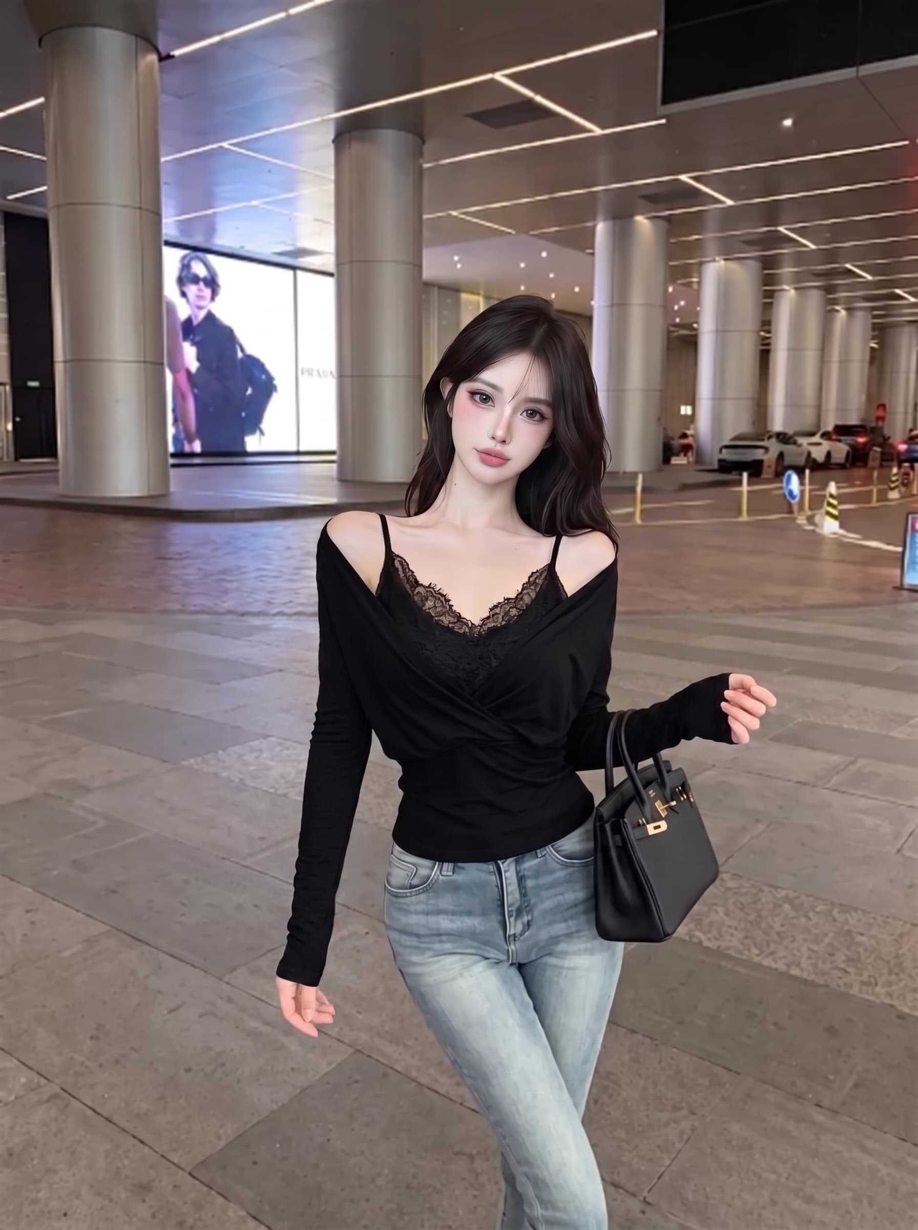 실사 정가 작은 심장 기계 오프숄더 V넥 허리 수축 긴팔 티셔츠 레이스 슬립 분위기 센스 스택 착용 투피스 세트 맨위 상세 이미지 9