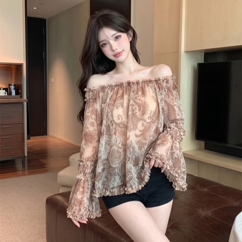 정가 실사 프랑스식 순수한 욕망 바람 오프숄더 분위기 센스 오프숄더 나팔 소매 프릴 꽃무늬 쉬폰 셔츠