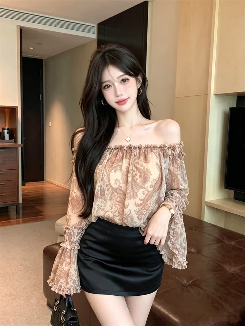 정가 실사 프랑스식 순수한 욕망 바람 오프숄더 분위기 센스 오프숄더 나팔 소매 프릴 꽃무늬 쉬폰 셔츠 이미지 3