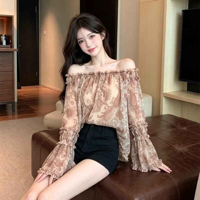 정가 실사 프랑스식 순수한 욕망 바람 오프숄더 분위기 센스 오프숄더 나팔 소매 프릴 꽃무늬 쉬폰 셔츠 이미지 5