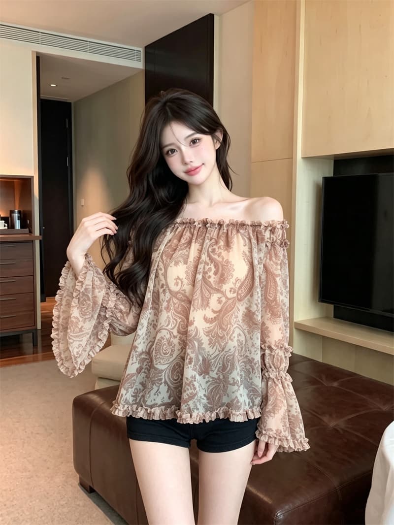 정가 실사 프랑스식 순수한 욕망 바람 오프숄더 분위기 센스 오프숄더 나팔 소매 프릴 꽃무늬 쉬폰 셔츠 상세 이미지 1