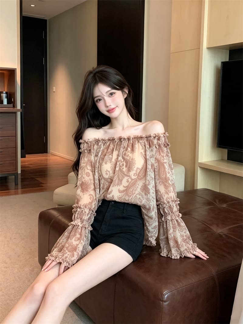 정가 실사 프랑스식 순수한 욕망 바람 오프숄더 분위기 센스 오프숄더 나팔 소매 프릴 꽃무늬 쉬폰 셔츠 상세 이미지 4