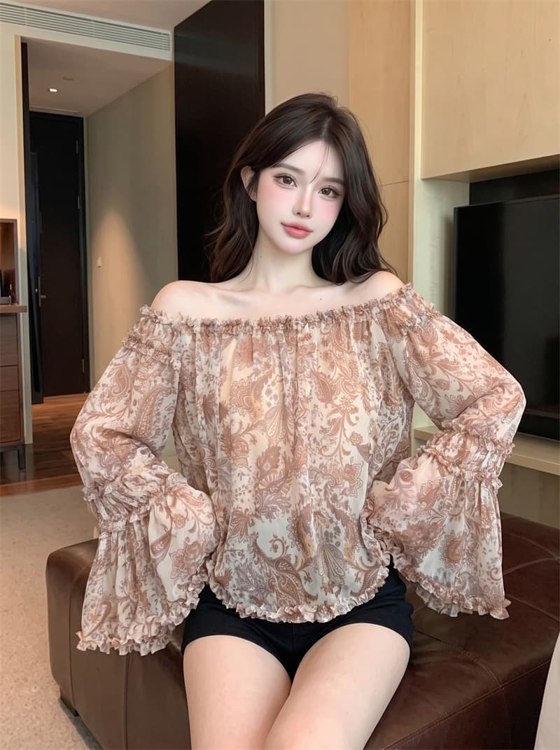 정가 실사 프랑스식 순수한 욕망 바람 오프숄더 분위기 센스 오프숄더 나팔 소매 프릴 꽃무늬 쉬폰 셔츠 상세 이미지 5