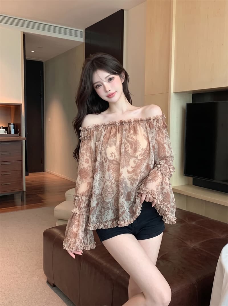 정가 실사 프랑스식 순수한 욕망 바람 오프숄더 분위기 센스 오프숄더 나팔 소매 프릴 꽃무늬 쉬폰 셔츠 상세 이미지 6
