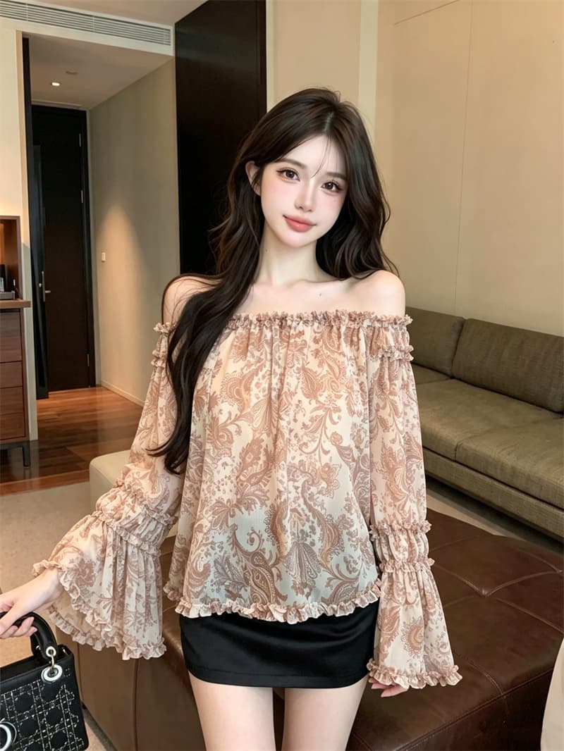 정가 실사 프랑스식 순수한 욕망 바람 오프숄더 분위기 센스 오프숄더 나팔 소매 프릴 꽃무늬 쉬폰 셔츠 상세 이미지 7