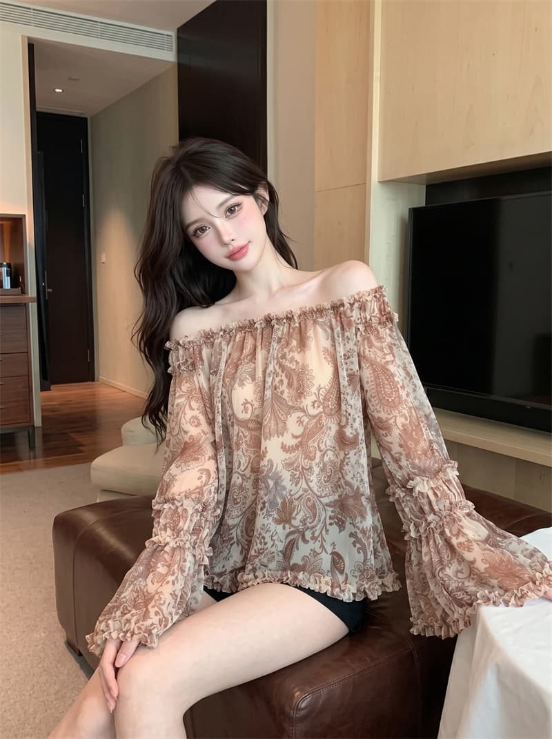 정가 실사 프랑스식 순수한 욕망 바람 오프숄더 분위기 센스 오프숄더 나팔 소매 프릴 꽃무늬 쉬폰 셔츠 상세 이미지 8