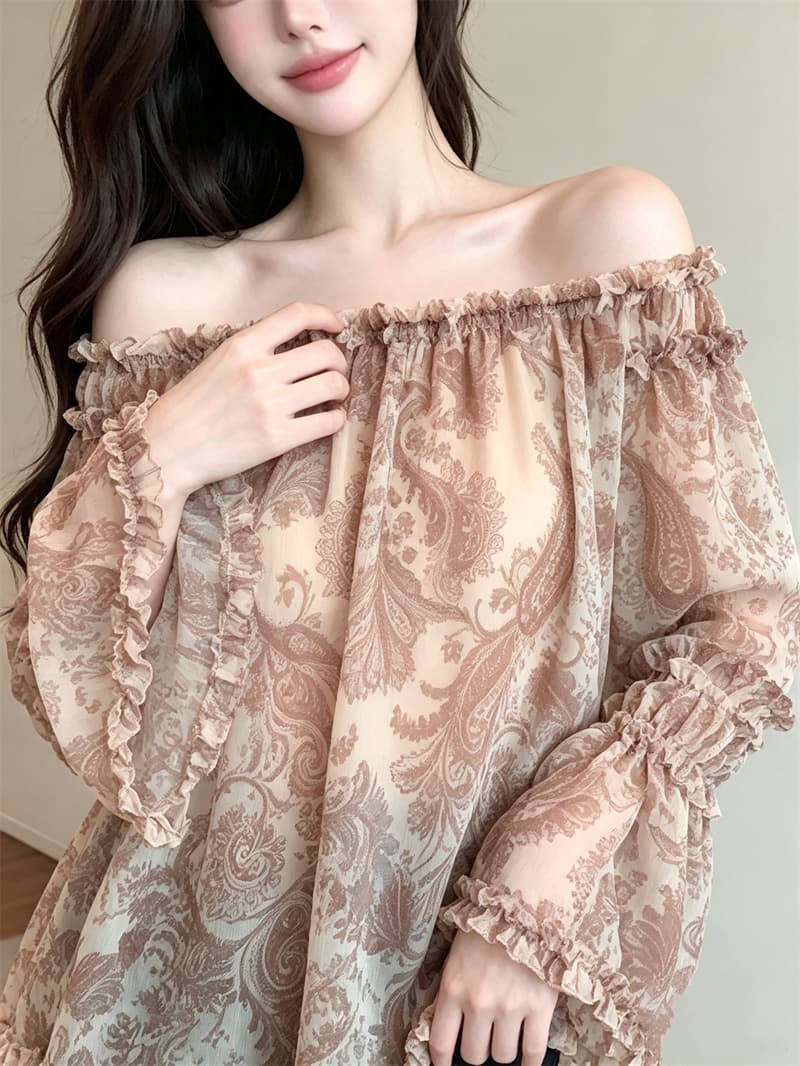정가 실사 프랑스식 순수한 욕망 바람 오프숄더 분위기 센스 오프숄더 나팔 소매 프릴 꽃무늬 쉬폰 셔츠 상세 이미지 10