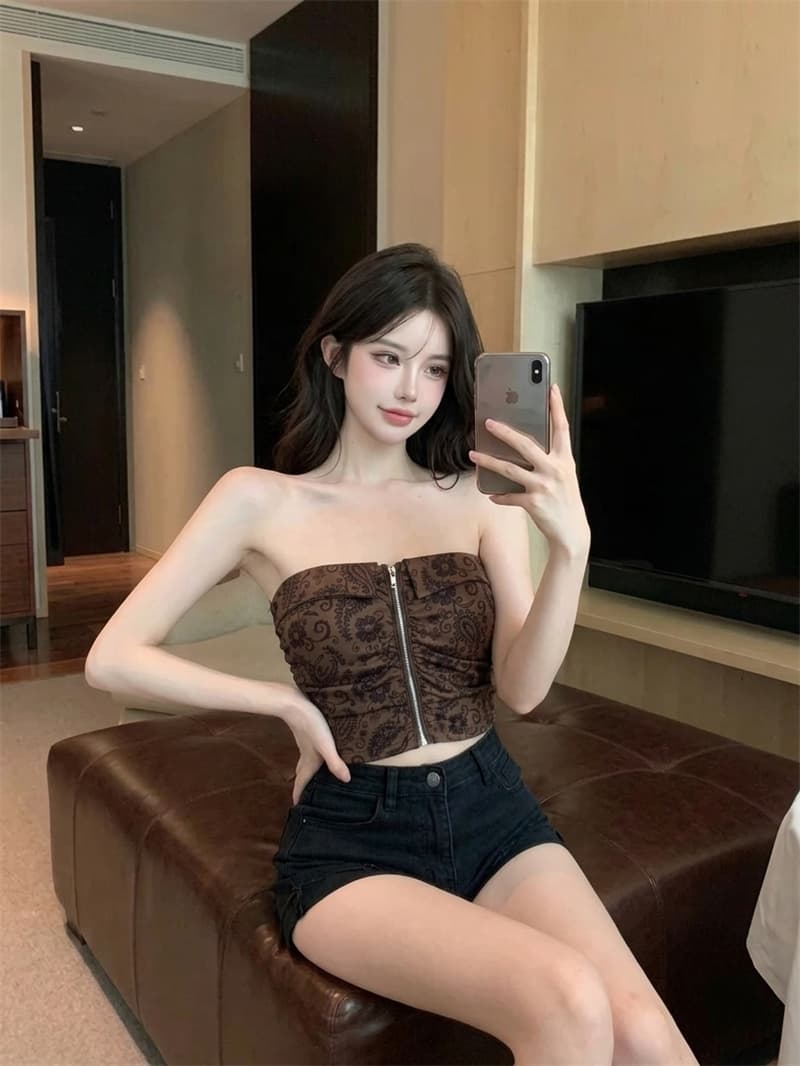 정가 실사 아메리칸 캐슈 꽃 레오파드 무늬 튜브탑 조끼 가을 디자인 센스 지퍼 쇼트 스타일 핫걸 몸매 가꾸기 맨위 상세 이미지 4