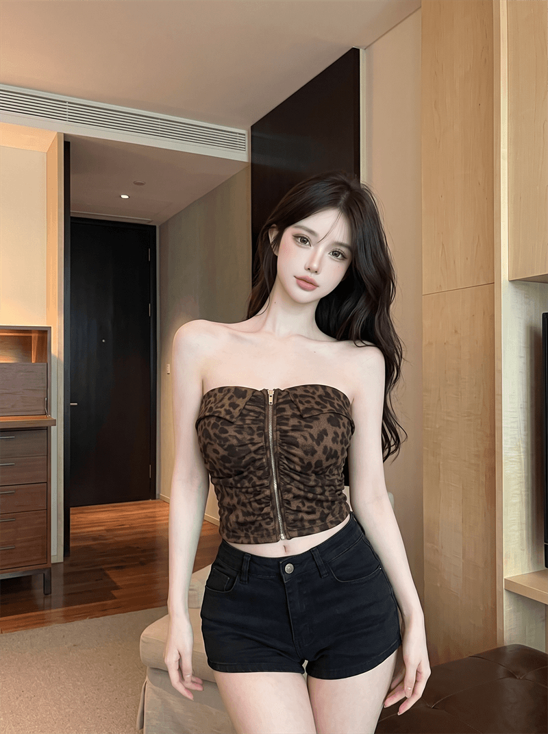 정가 실사 아메리칸 캐슈 꽃 레오파드 무늬 튜브탑 조끼 가을 디자인 센스 지퍼 쇼트 스타일 핫걸 몸매 가꾸기 맨위 상세 이미지 10