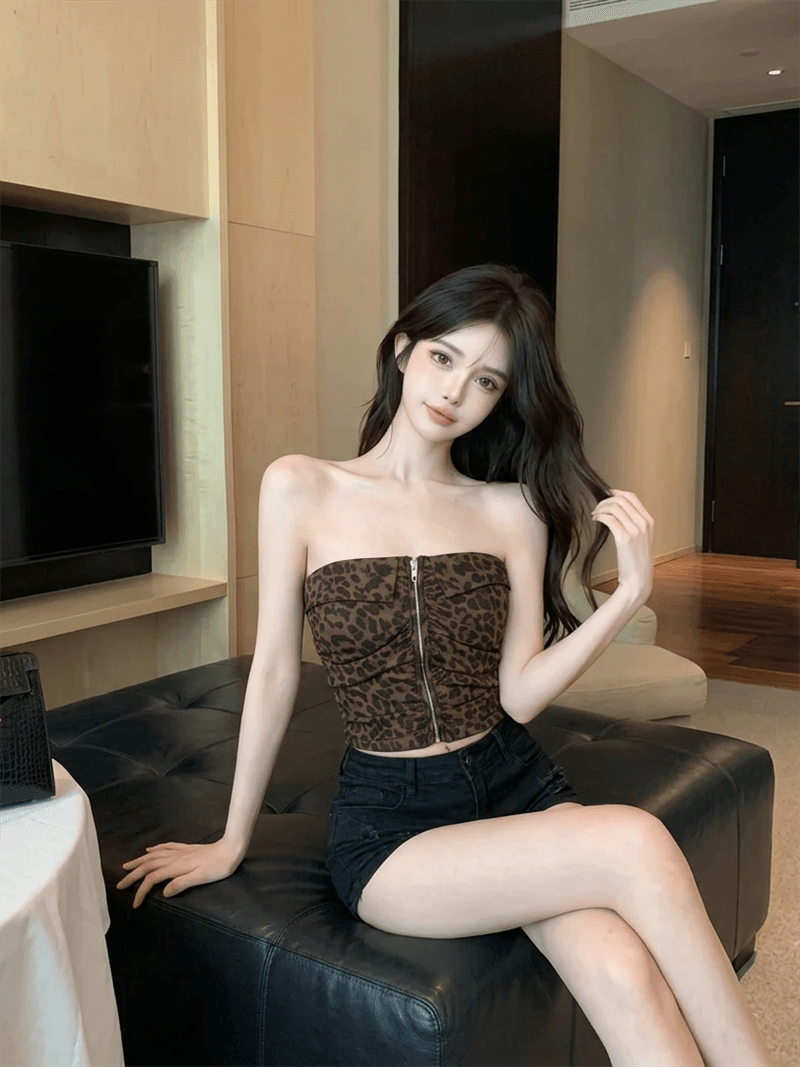 정가 실사 아메리칸 캐슈 꽃 레오파드 무늬 튜브탑 조끼 가을 디자인 센스 지퍼 쇼트 스타일 핫걸 몸매 가꾸기 맨위 상세 이미지 12