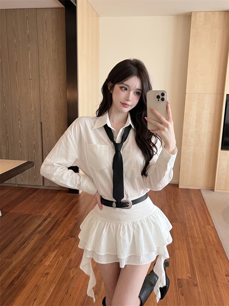 정가 실사 차가운 선풍 바람 핫걸 고급 센스 화이트 셔츠 경기 넥타이 프릴 미니 스커트 아이들 가을 세트 이미지 3