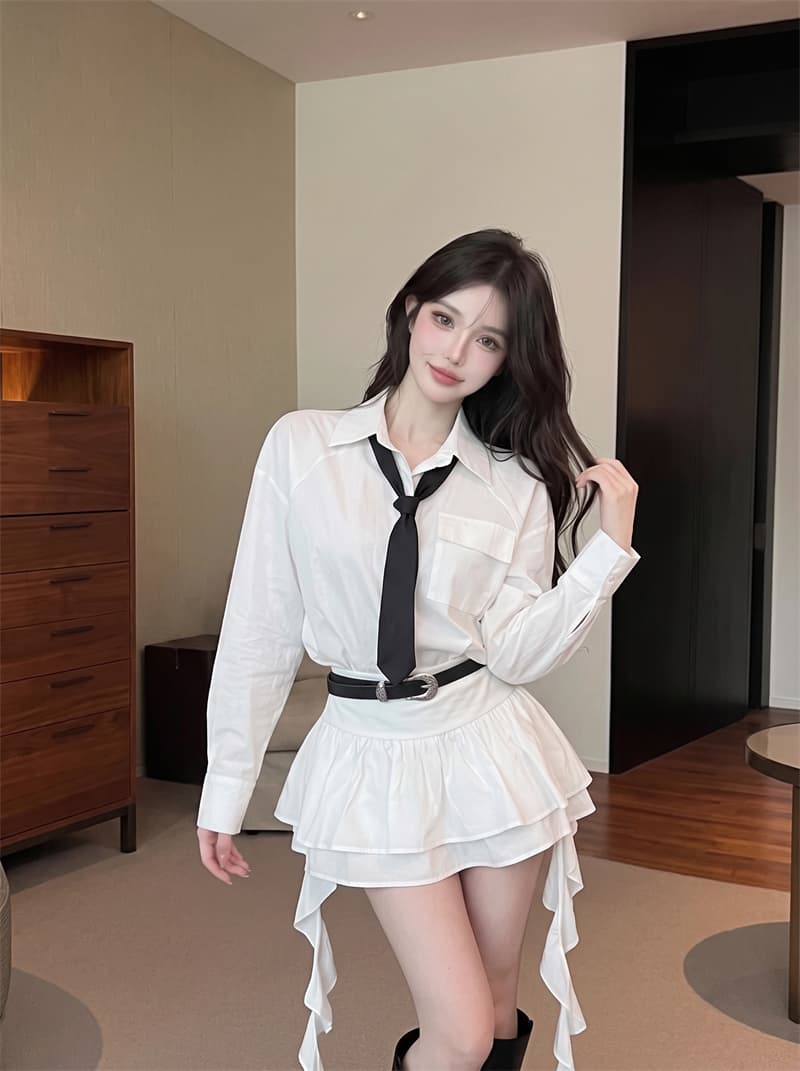 정가 실사 차가운 선풍 바람 핫걸 고급 센스 화이트 셔츠 경기 넥타이 프릴 미니 스커트 아이들 가을 세트 상세 이미지 2