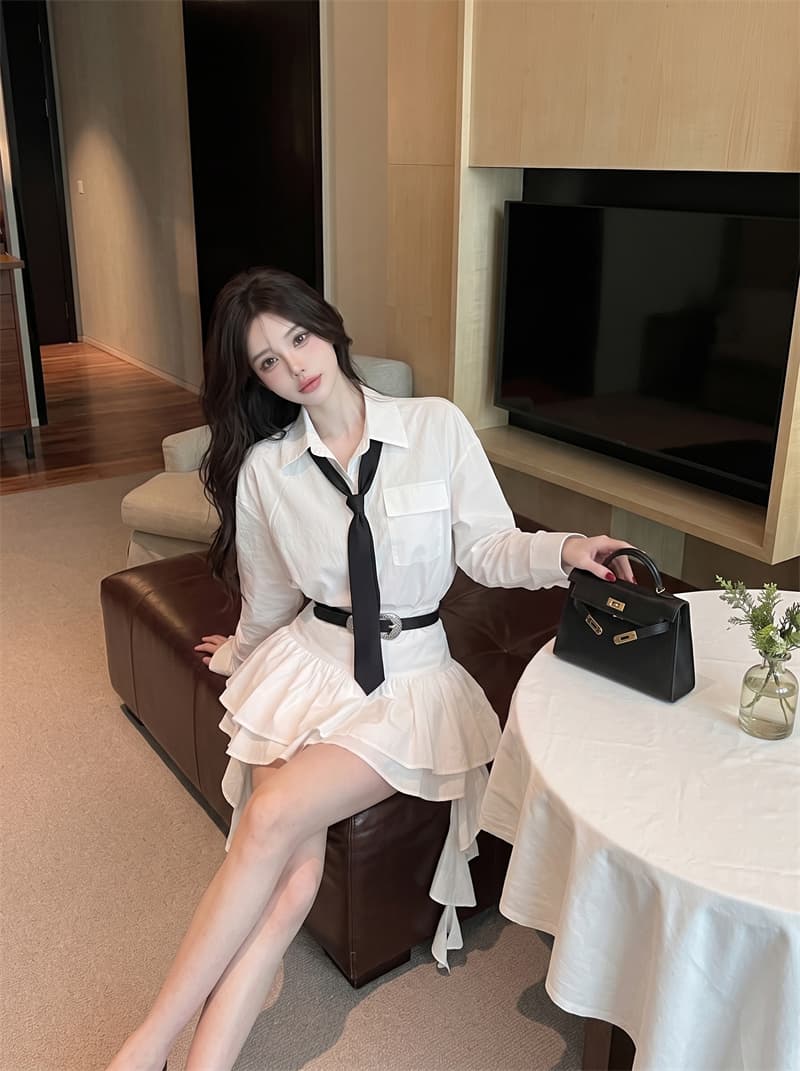 정가 실사 차가운 선풍 바람 핫걸 고급 센스 화이트 셔츠 경기 넥타이 프릴 미니 스커트 아이들 가을 세트 상세 이미지 3