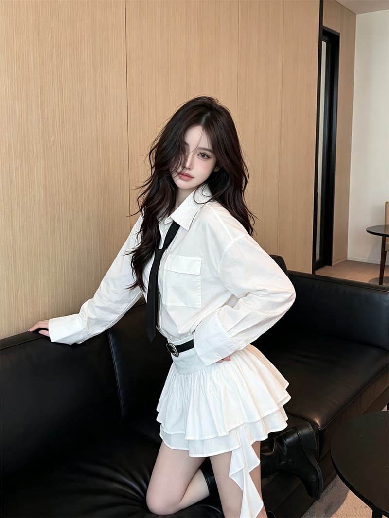 정가 실사 차가운 선풍 바람 핫걸 고급 센스 화이트 셔츠 경기 넥타이 프릴 미니 스커트 아이들 가을 세트 상세 이미지 9