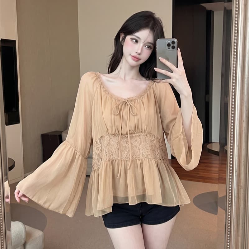 정가 실사 프랑스식 고급 센스 섹시함 바람 나팔 소매 맨위 가을 새로운 루즈핏 작은 셔츠 디자인 센스 작은 대중 이미지 4