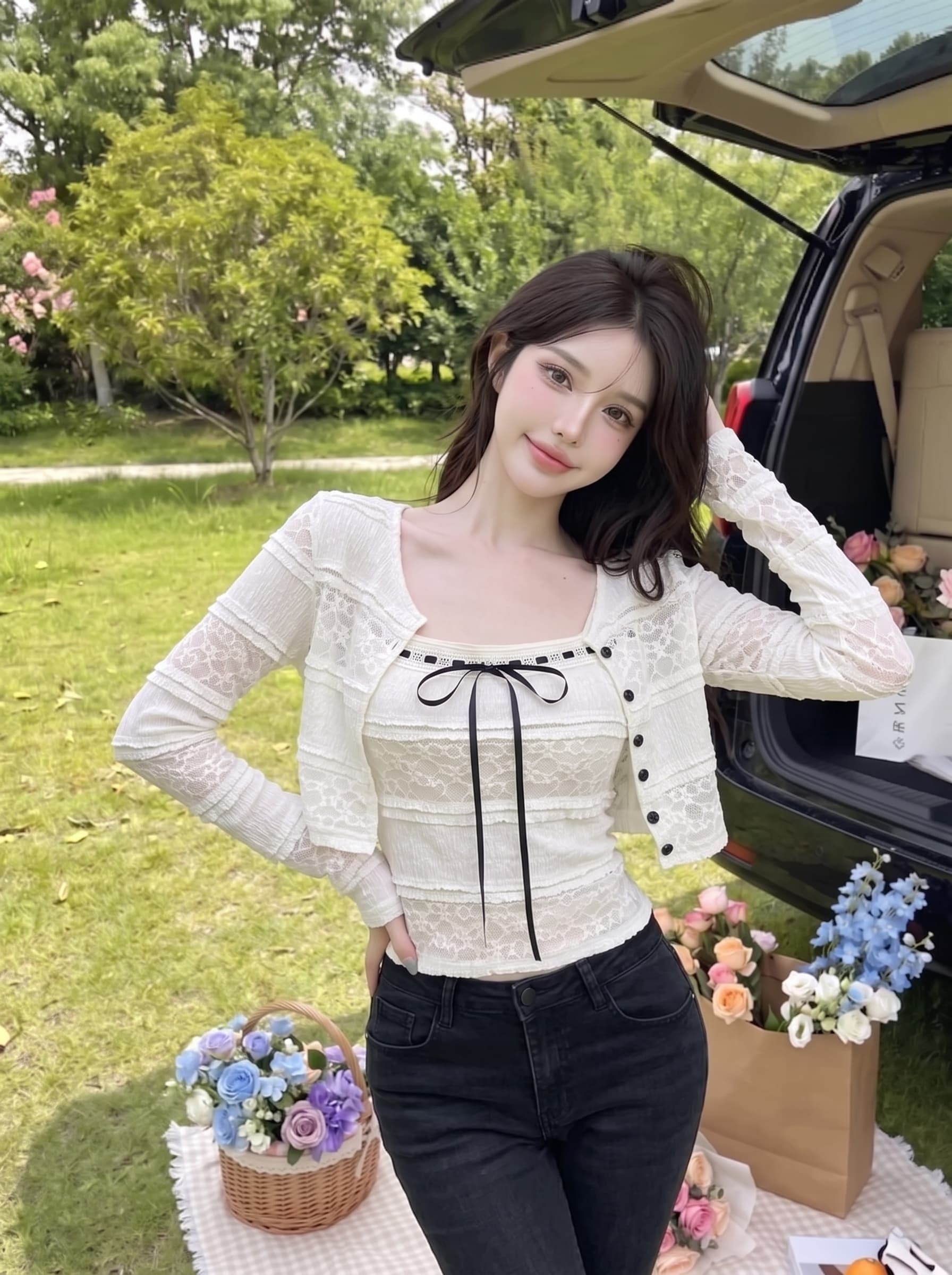 실사 화이트 순수한 색 욕망 홀로우 아웃 레이스 오픈 가디건 나비 매듭 스트랩 튜브탑 조끼 벨트 슬립 투피스 세트 맨위 상세 이미지 3