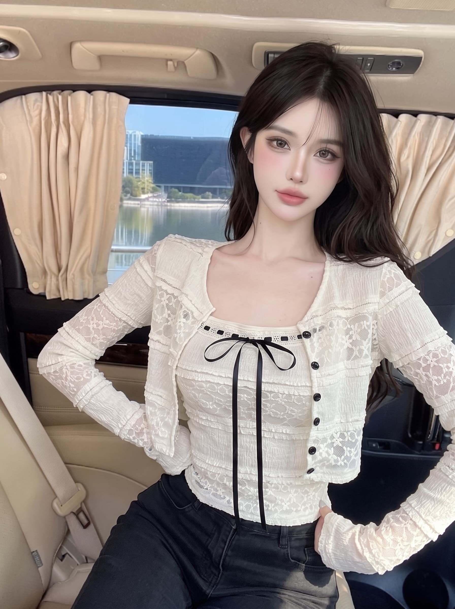 실사 화이트 순수한 색 욕망 홀로우 아웃 레이스 오픈 가디건 나비 매듭 스트랩 튜브탑 조끼 벨트 슬립 투피스 세트 맨위 상세 이미지 10