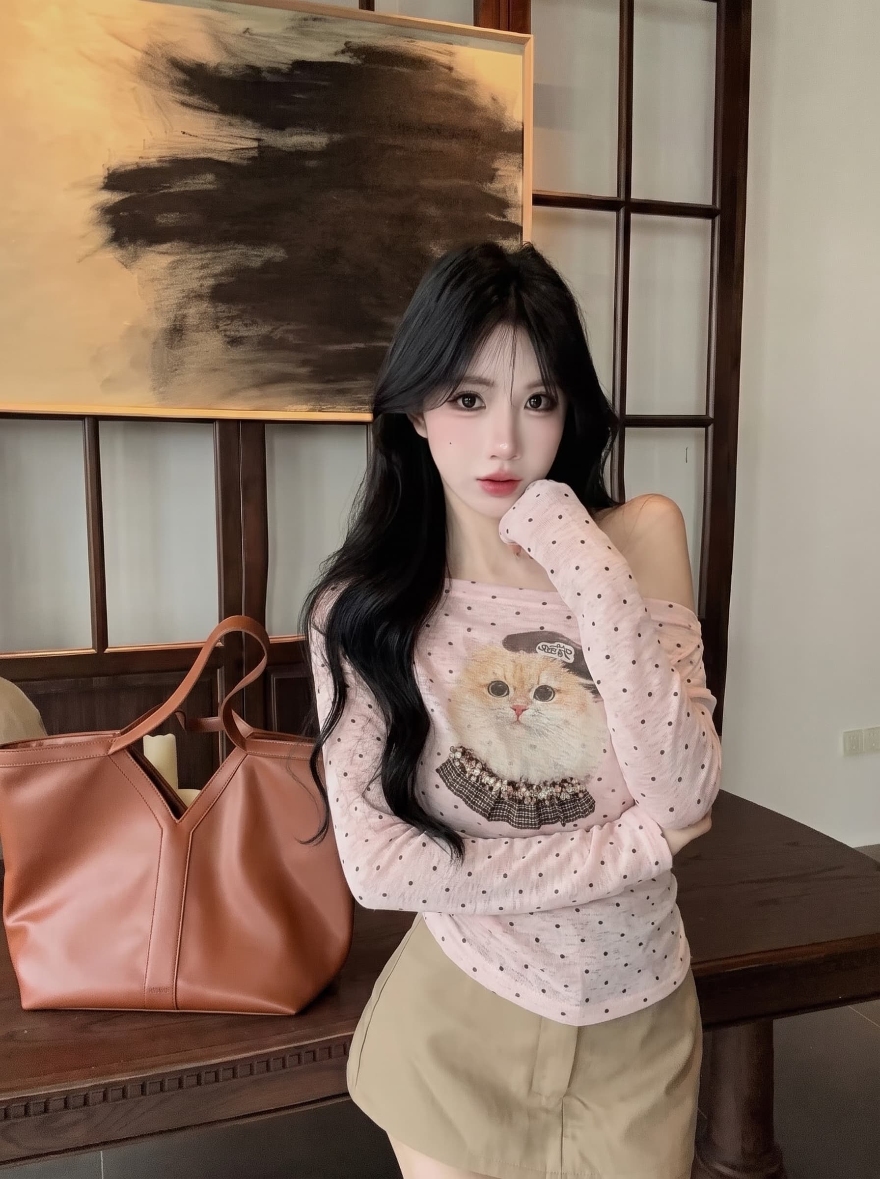실사 정가 새끼 고양이 도트 무늬 프린트 긴팔 자외선 차단 티셔츠 달콤한 매운맛 바람 몸매 가꾸기 슬림해 보이는 오프숄더 맨위 상세 이미지 4