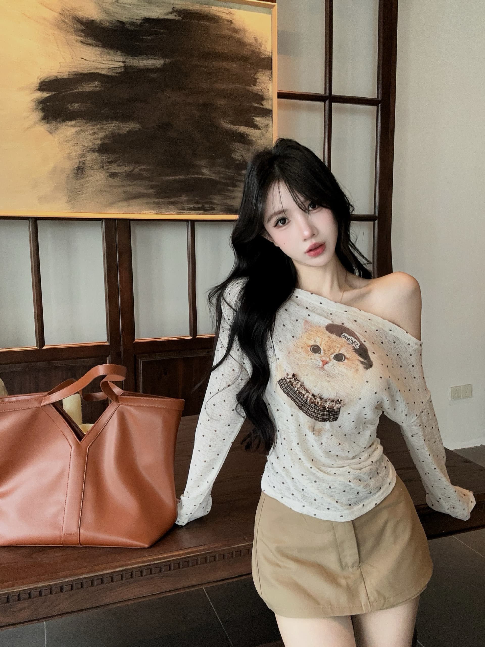 실사 정가 새끼 고양이 도트 무늬 프린트 긴팔 자외선 차단 티셔츠 달콤한 매운맛 바람 몸매 가꾸기 슬림해 보이는 오프숄더 맨위 상세 이미지 6
