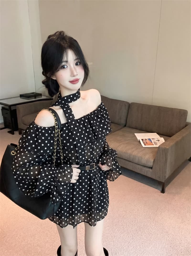 정가 실사 도트 무늬 프릴 오프숄더 여성 셔츠 2025 이른 가을 리본 행침 목 허리 수축 맨위 경기 벨트 상세 이미지 4