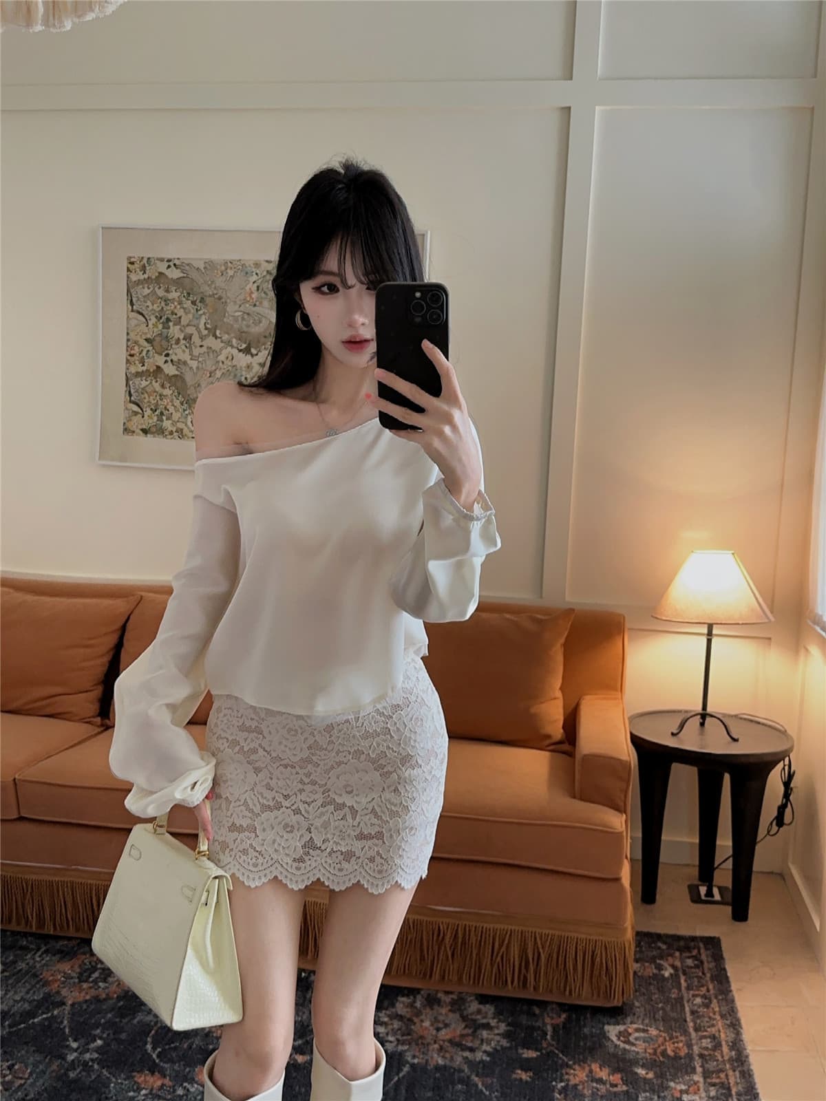 실사 정가 프랑스식 비스듬한 어깨 새틴 루즈핏 배트윙 소매 맨위 레이스 반신 미니 스커트 세트 상세 이미지 3