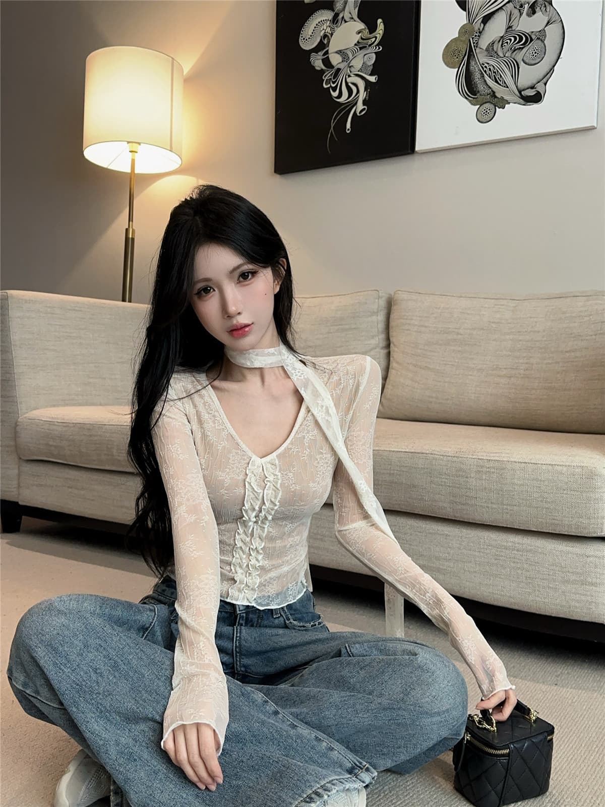 실사 정가 프랑스식 레이스 주름 레이스 꼬집기 허리 리본 기본 셔츠 핫걸 V넥 긴팔 몸매 가꾸기 맨위 이미지 4