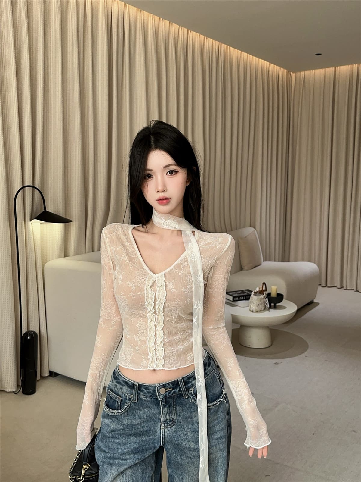 실사 정가 프랑스식 레이스 주름 레이스 꼬집기 허리 리본 기본 셔츠 핫걸 V넥 긴팔 몸매 가꾸기 맨위 상세 이미지 2