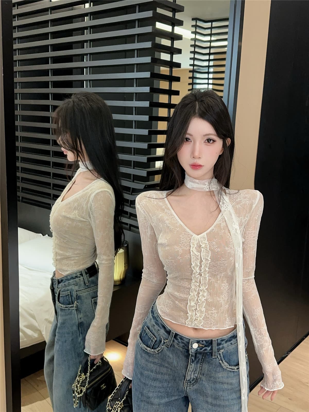실사 정가 프랑스식 레이스 주름 레이스 꼬집기 허리 리본 기본 셔츠 핫걸 V넥 긴팔 몸매 가꾸기 맨위 상세 이미지 12