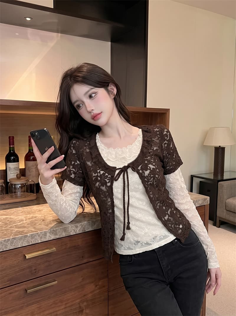 정가 실사 썩은 소녀 가을 레이스 자카드 사실 두 조각 스택 착용 다용도 품격 몸매 가꾸기 세련된 맨위 상세 이미지 4